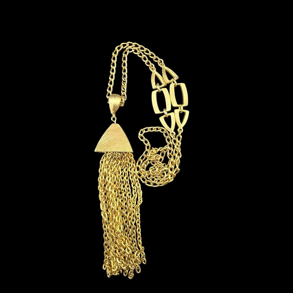 Gold Tone Tassel Necklace With Textured Pendant & Chain Links - Picture 7 of 10